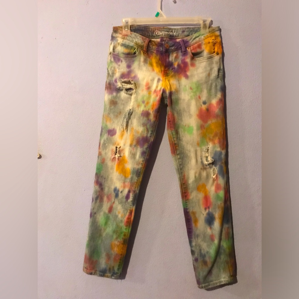 Aeropostale 60s-70s Inspired Hand Tie-Dyed Ripped Destroyed Skinny Jeans Sz 4